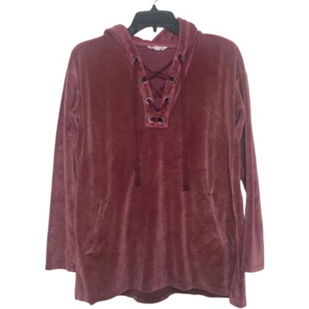 American Eagle Sweater Womens Small Burgundy Red Velour Lace Up Hooded Pullover